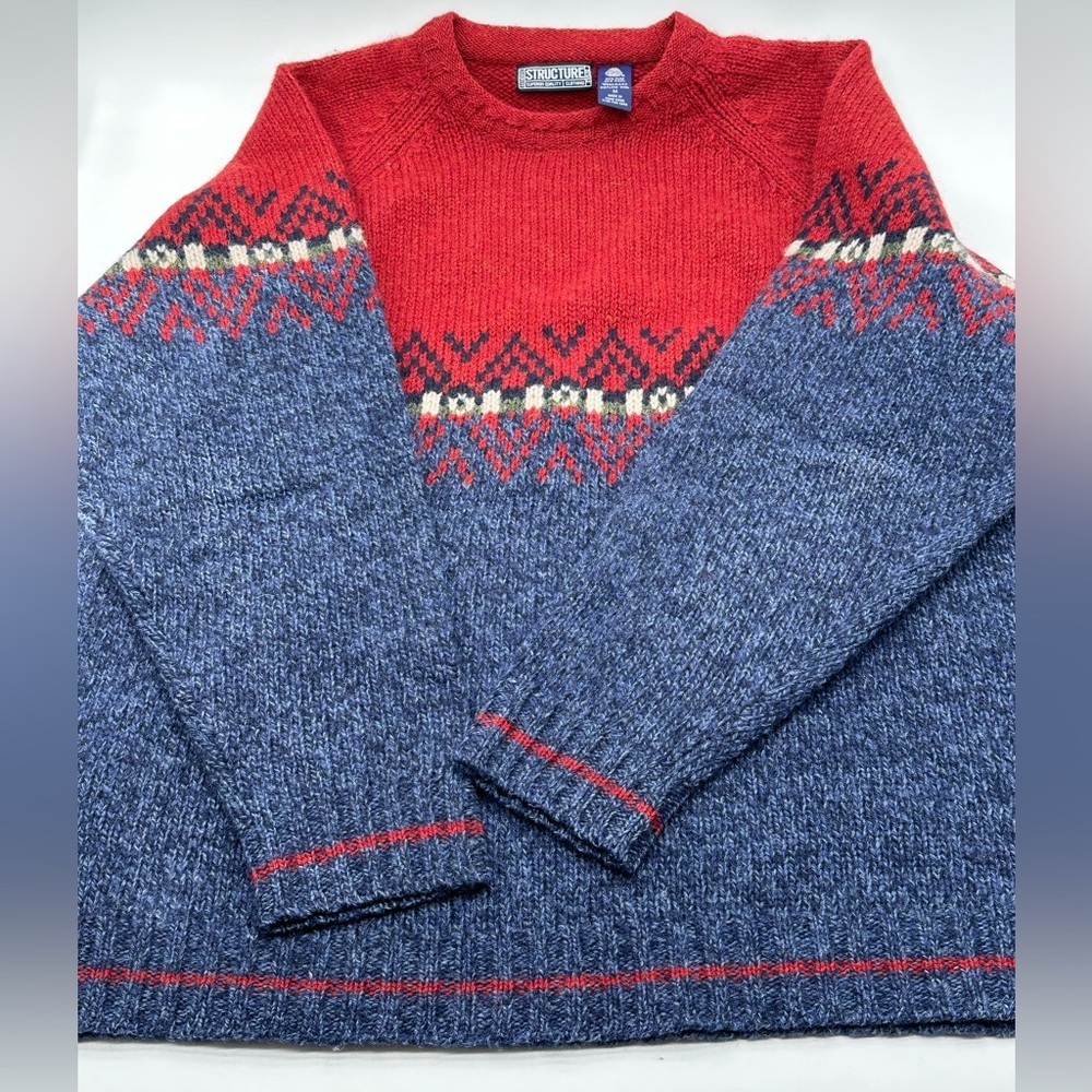 VTG 90s Structure Sweater Mens M Pullover Ski 100% Wool Geometic Design Baggy